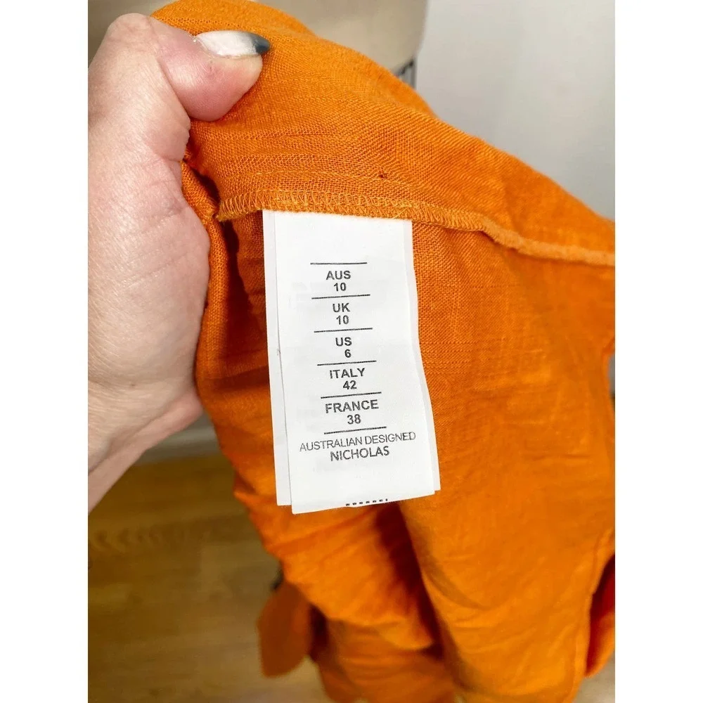 Nicholas 6 S Pleated Prairie Dress Deep Orange Linen Puff Sleeve Midi Ruffle New - Picture 7 of 8